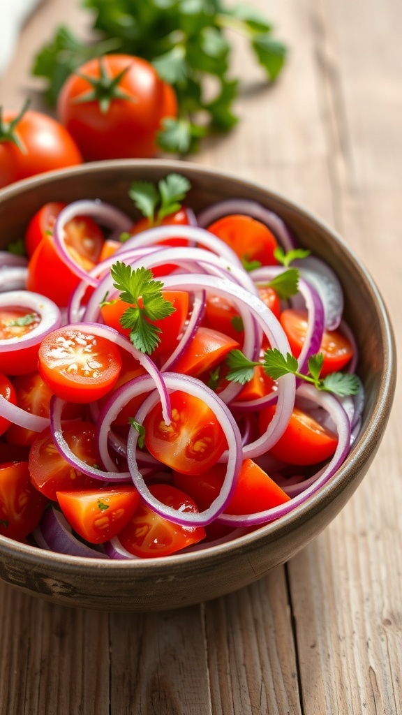 A colorful bowl of onion and tomato salad with parsley on a wooden table.